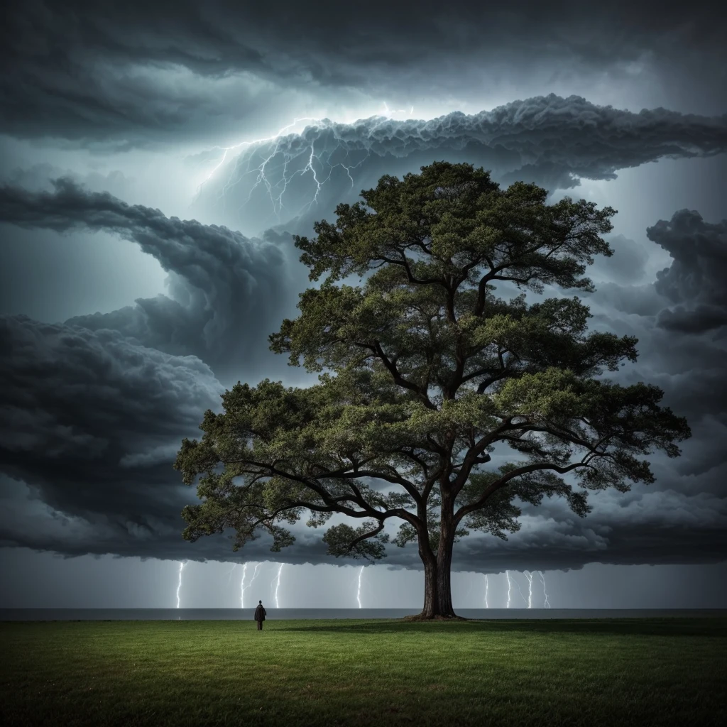 A tree-shaped man in a long white robe, an elderly character with a wise expression, talking to the wind and a raging storm, dramatic lighting, fantasy, cinematic, highly detailed, intricate, 8k, photorealistic, dramatic shadows, moody atmosphere, striking colors, volumetric lighting, wind effects, stormy skies, mystical, ethereal, surreal, conceptual, award winning digital art 
majestic big green tree
