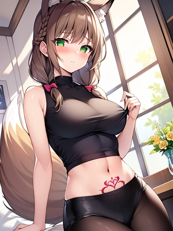 masterpiece, Highest quality, Highest Resolution, One girl, alone, Oversized fox tail,Green Eyes,(Long brown hair_Sideways French braided hair),Small flower head dress, (Age 27,Busty Wife)_Mature female figure_F Cup,modern architecture,(Blushing:1.3),Represents medium , On the stomach_Succubus Tattoo, Mature Woman, sexy sports vest