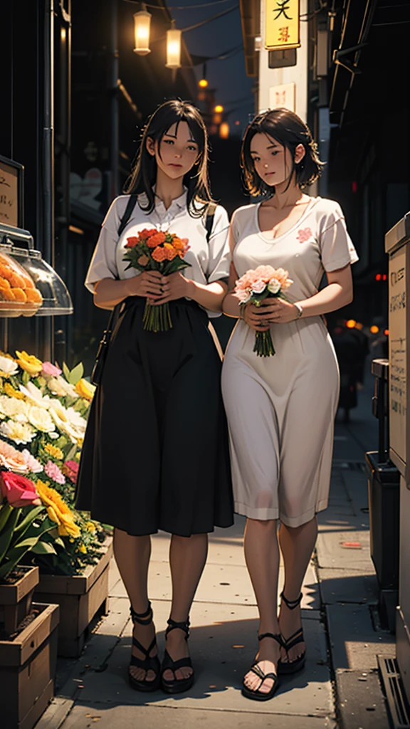 a couple buying flowers from a flower seller, girl wearing short clothes, big hips, night light, realistic, moody color, sharpness