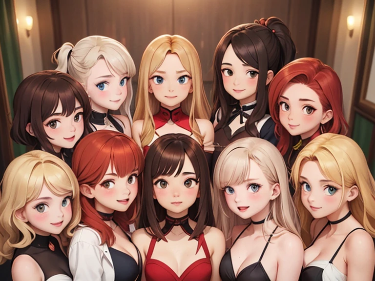 (Best quality, masterpiece), group photo of 8 very different beautiful students, different emotions, Free postures, Different hair colors(среди них есть только 1 redhead, 3 blondes, 2 brown-haired and 2 brunettes), Different hairstyles, different hair lengths, different eye colors, Different physiques, Different breast sizes, (there is definitely 1 gloomy Asian brunette in the photo, 1 blonde tomboy, 1 redhead, 1 brunette hippie), graduation photo album, beautiful faces, upper body