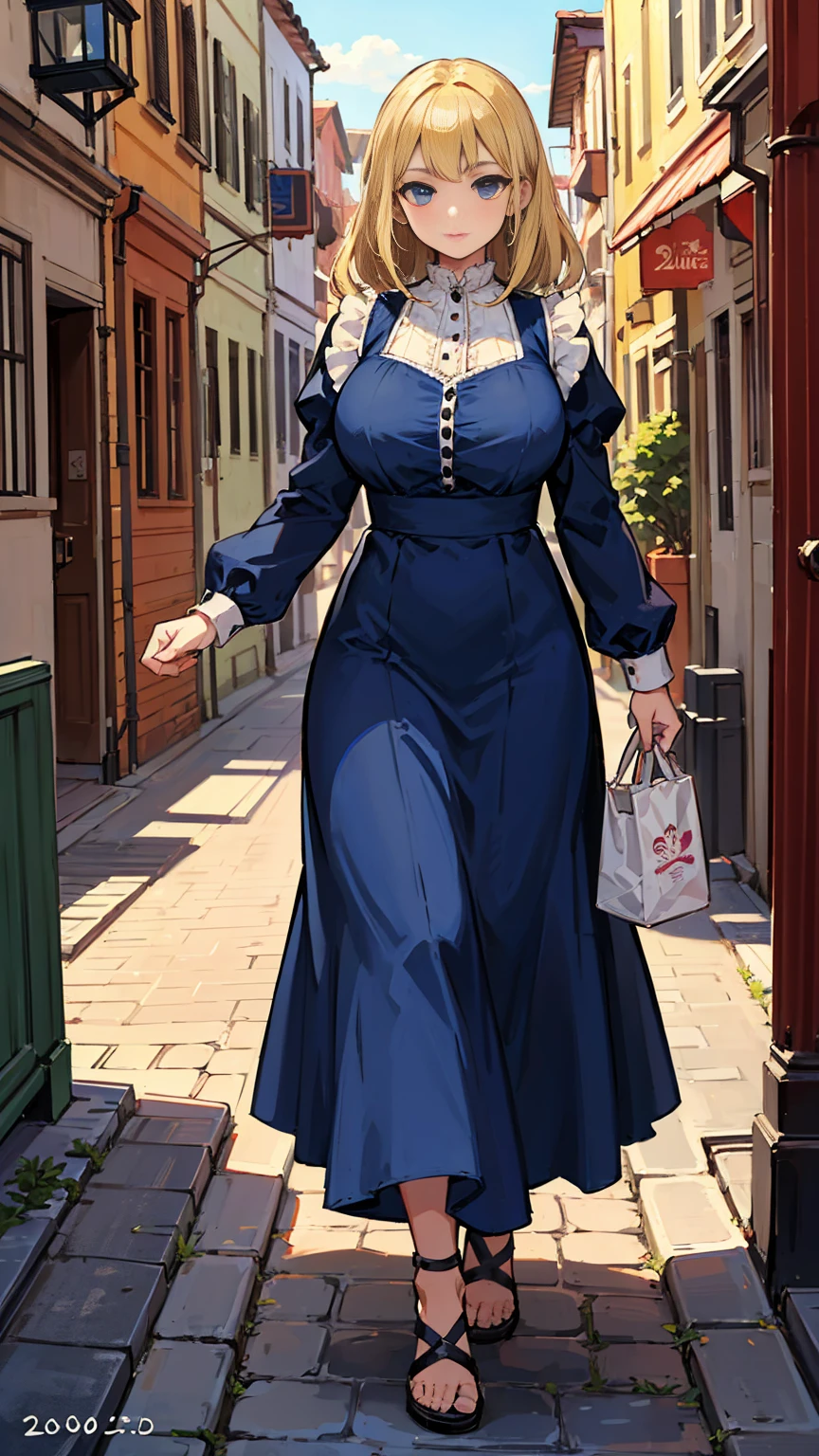 Highest quality, masterpiece, Intricate details,, Super detailed, Old fashioned young woman, Wearing a peasant dress, No neckline, Blonde, Perfect details and blue eyes, Walking around the old town, HD quality, 8k, One young woman, 20-year-old,Large Breasts