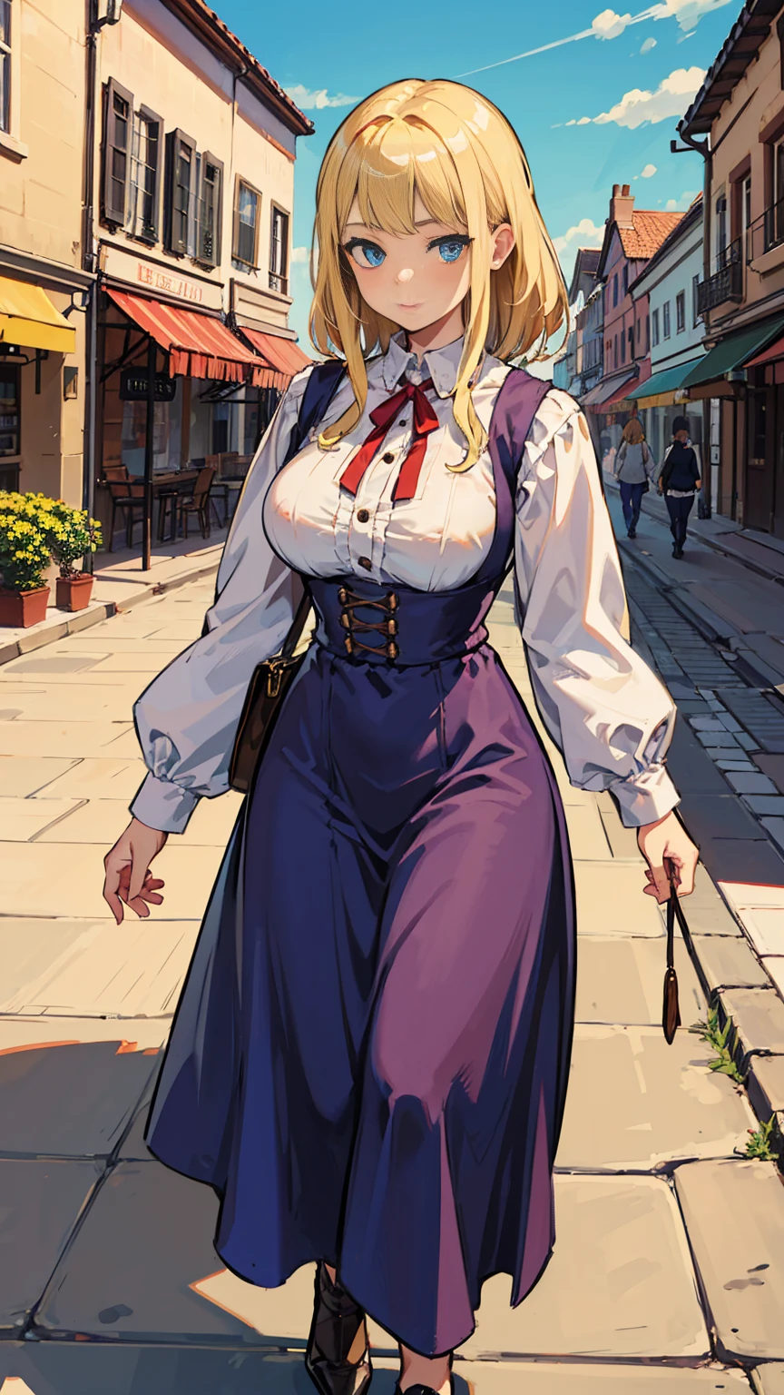 Highest quality, masterpiece, Intricate details,, Super detailed, Old fashioned young woman, Wearing a peasant dress, No neckline, Blonde, Perfect details and blue eyes, Walking around the old town, HD quality, 8k, One young woman, 20-year-old,Large Breasts