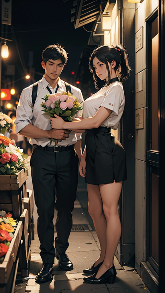 a couple buying flowers from a flower seller, girl wearing short clothes, big hips, night light, realistic, moody color, sharpness