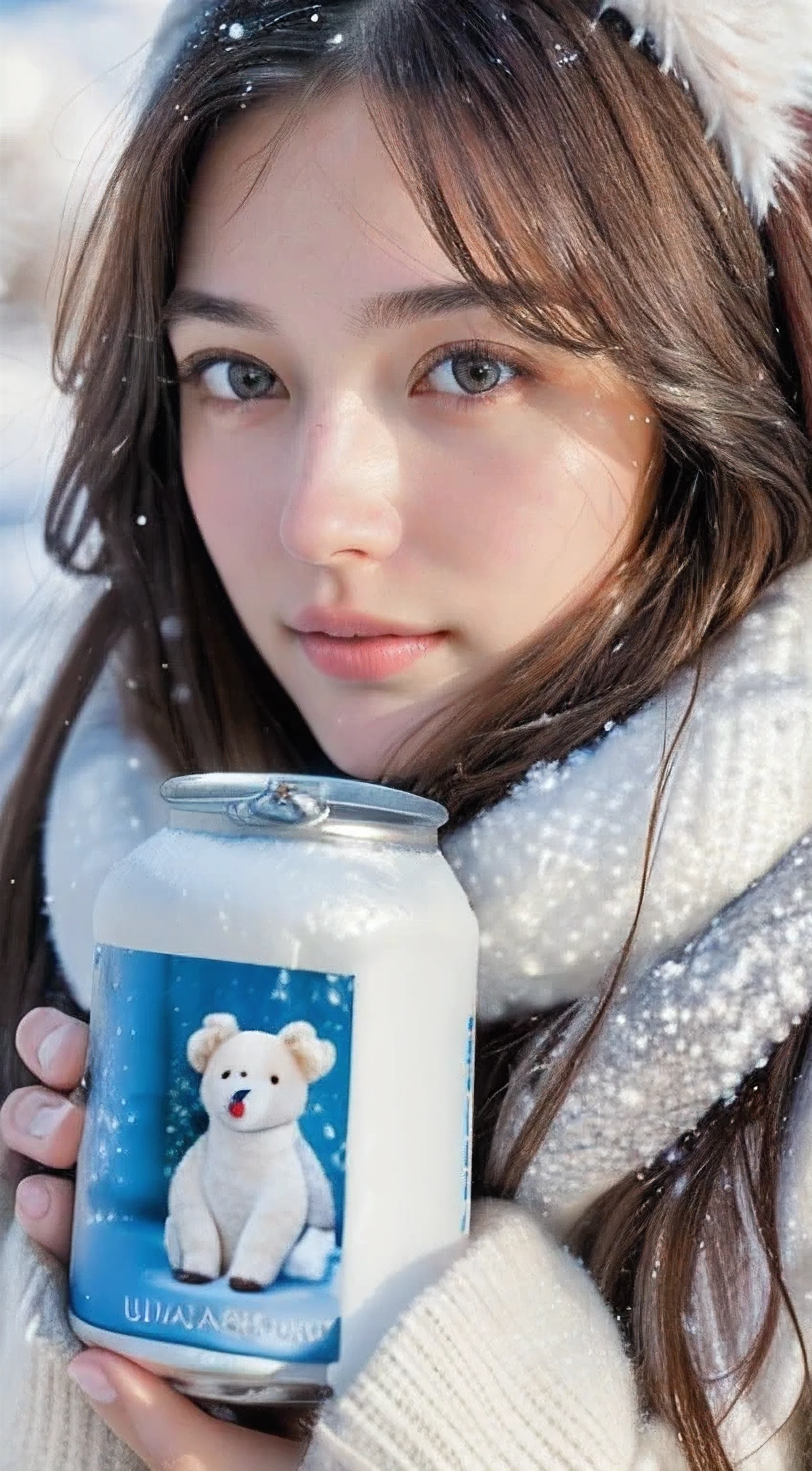 (masterpiece:1.35),(best-quality:1.4),8k,ultra-detailed,photography,(ultra-realistic:1.4),adult girl,long hair,sweater,snowing background,holding bear brand milk can,detailed face,beautiful eyes,beautiful lips,intricate details,warm lighting,winter atmosphere,soft snow texture,environmental details