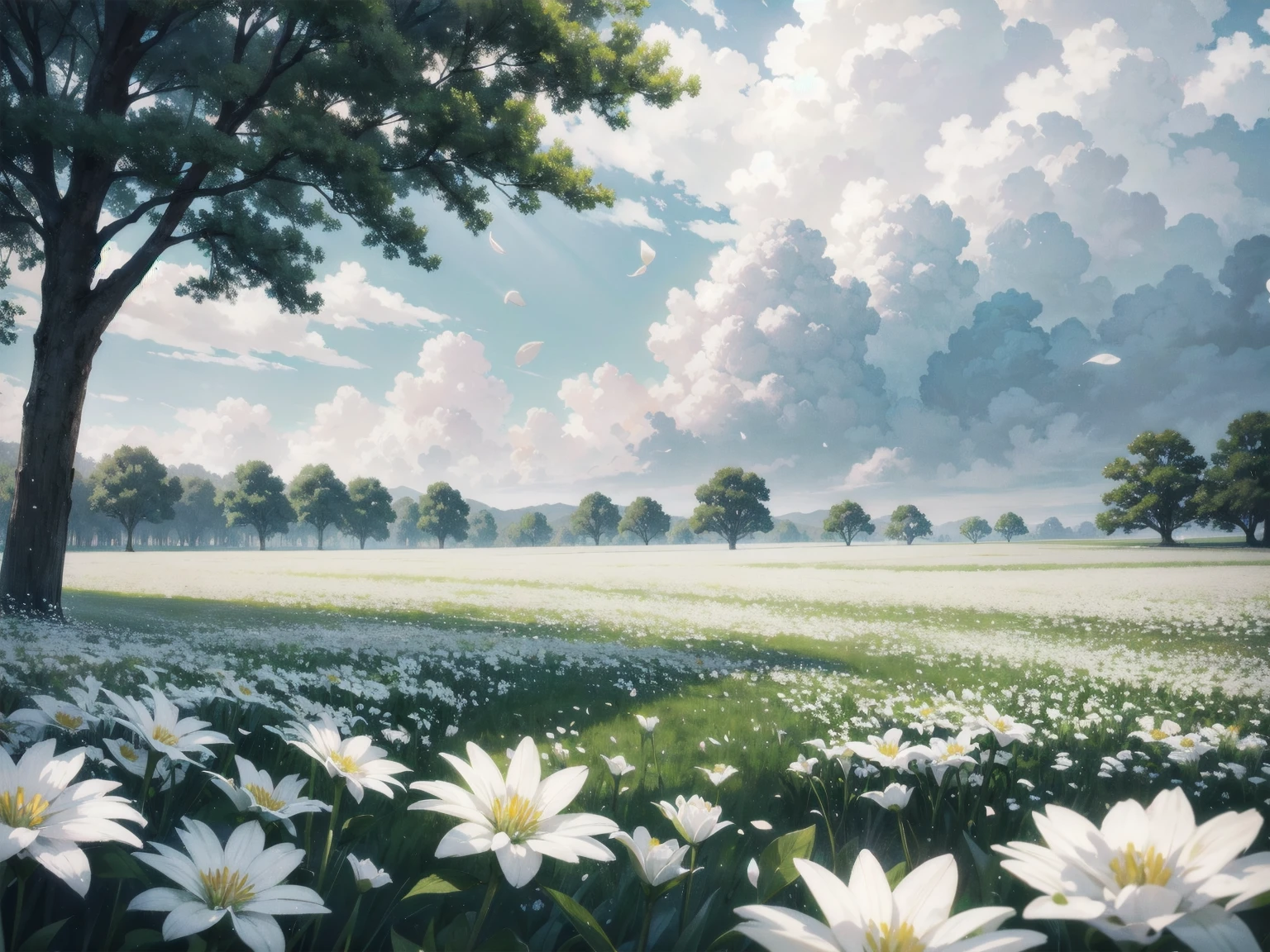 White flower field, background tree, flower petals flying by the wind cloudy sky, grey sky