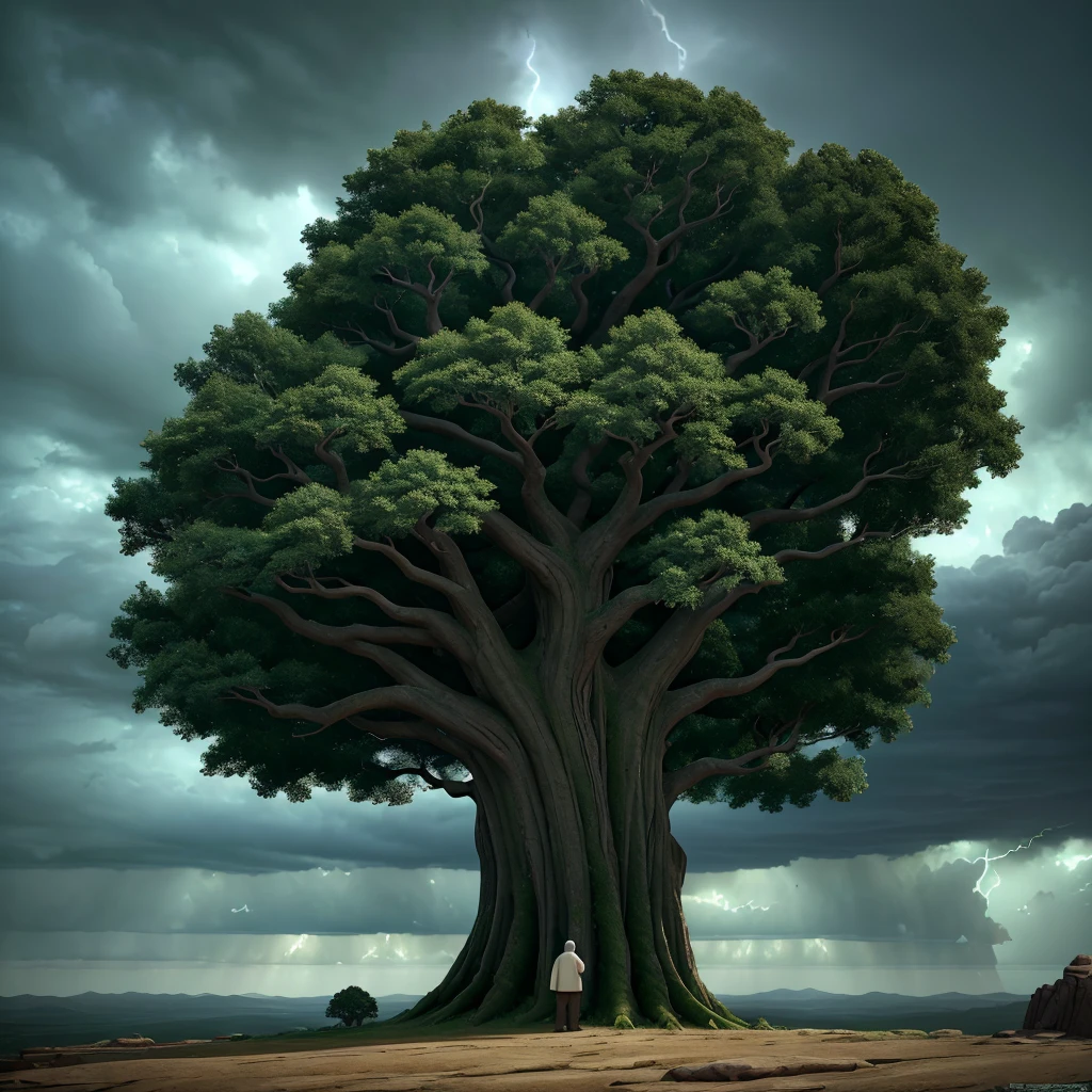 A tree-shaped man in a long white robe, an elderly character with a wise expression, talking to the wind and a raging storm, dramatic lighting, fantasy, cinematic, highly detailed, intricate, 8k, photorealistic, dramatic shadows, moody atmosphere, striking colors, volumetric lighting, wind effects, stormy skies, mystical, ethereal, surreal, conceptual, award winning digital art 
majestic big green tree