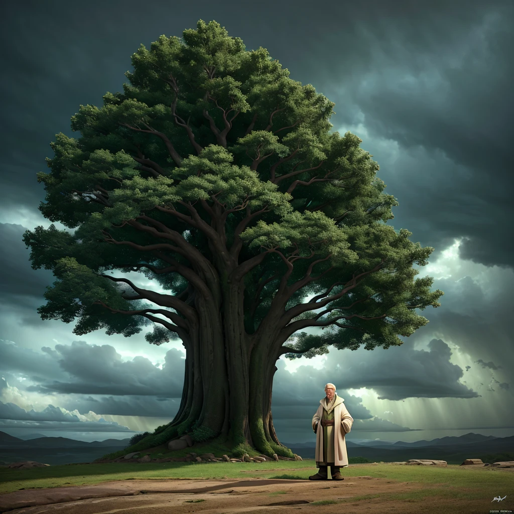 A tree-shaped man in a long white robe, an elderly character with a wise expression, talking to the wind and a raging storm, dramatic lighting, fantasy, cinematic, highly detailed, intricate, 8k, photorealistic, dramatic shadows, moody atmosphere, striking colors, volumetric lighting, wind effects, stormy skies, mystical, ethereal, surreal, conceptual, award winning digital art 
majestic big green tree