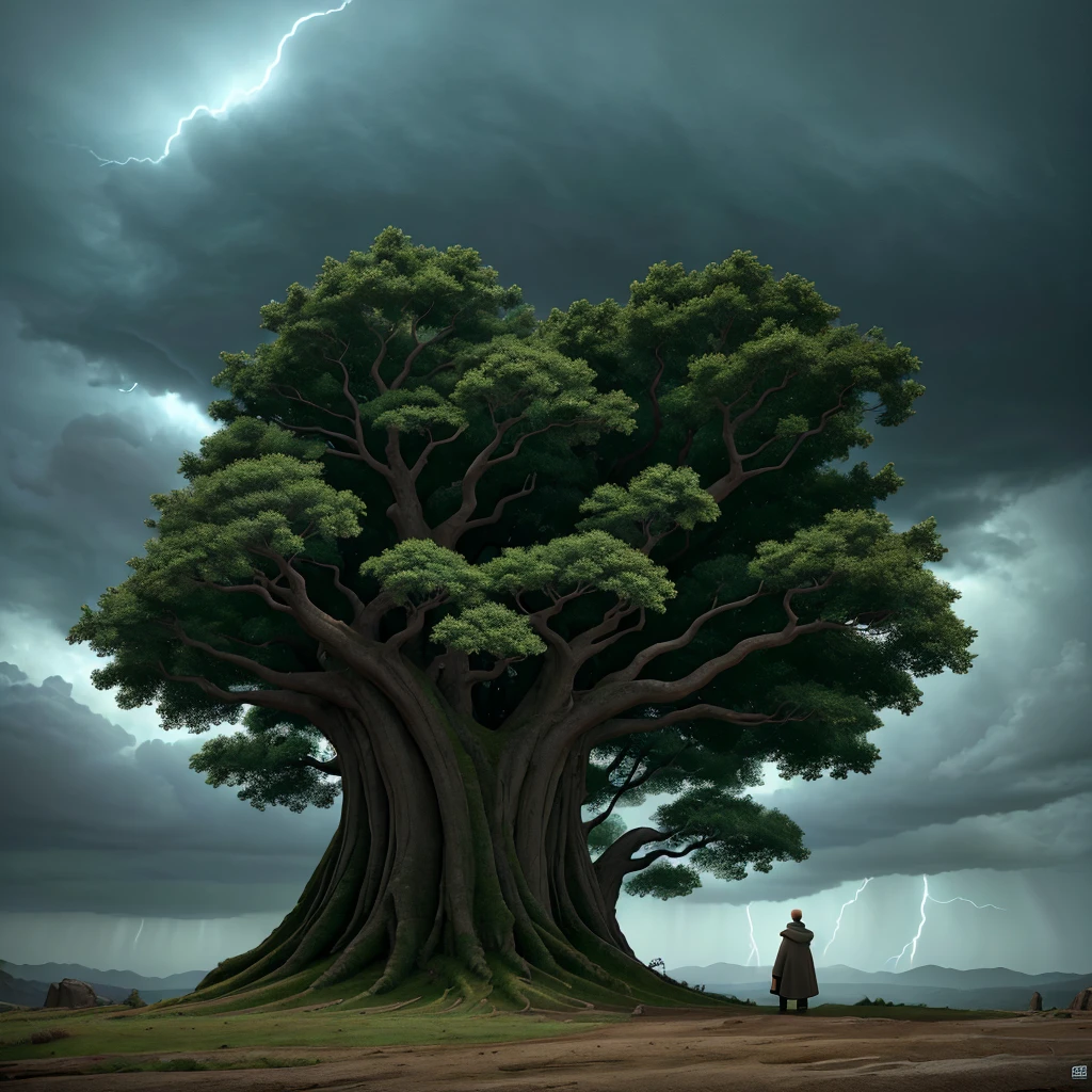 A tree-shaped man in a long white robe, an elderly character with a wise expression, talking to the wind and a raging storm, dramatic lighting, fantasy, cinematic, highly detailed, intricate, 8k, photorealistic, dramatic shadows, moody atmosphere, striking colors, volumetric lighting, wind effects, stormy skies, mystical, ethereal, surreal, conceptual, award winning digital art
majestic big green tree