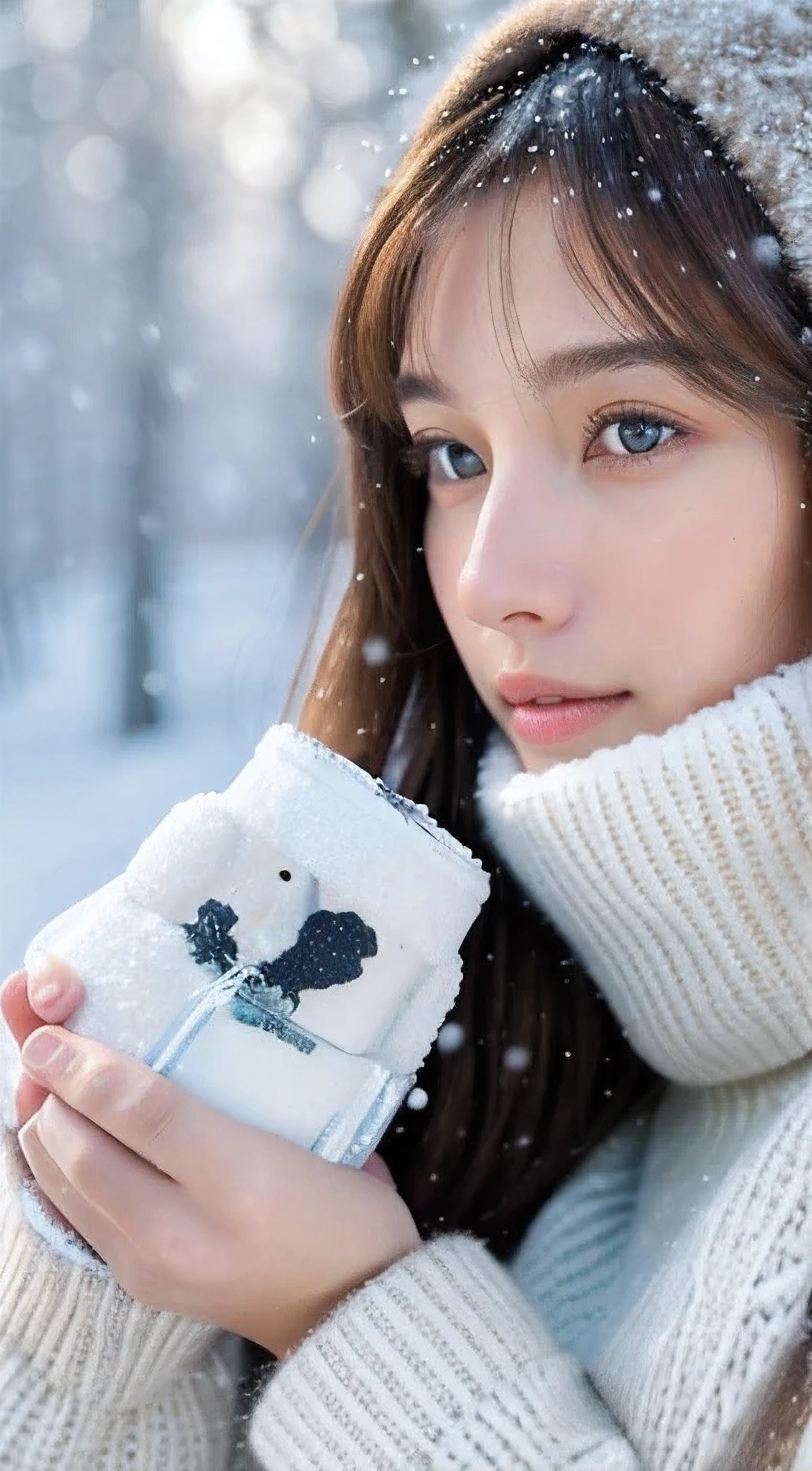 (masterpiece:1.35),(best-quality:1.4),8k,ultra-detailed,photography,(ultra-realistic:1.4),adult girl,long hair,sweater,snowing background,holding bear brand milk can,detailed face,beautiful eyes,beautiful lips,intricate details,warm lighting,winter atmosphere,soft snow texture,environmental details