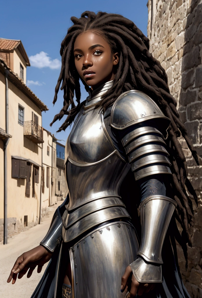 18 year old black woman、Beauty、Blonde、Warrior in armor、Exposed Armor、Dreadlocks、background　Medieval port town、high resolution