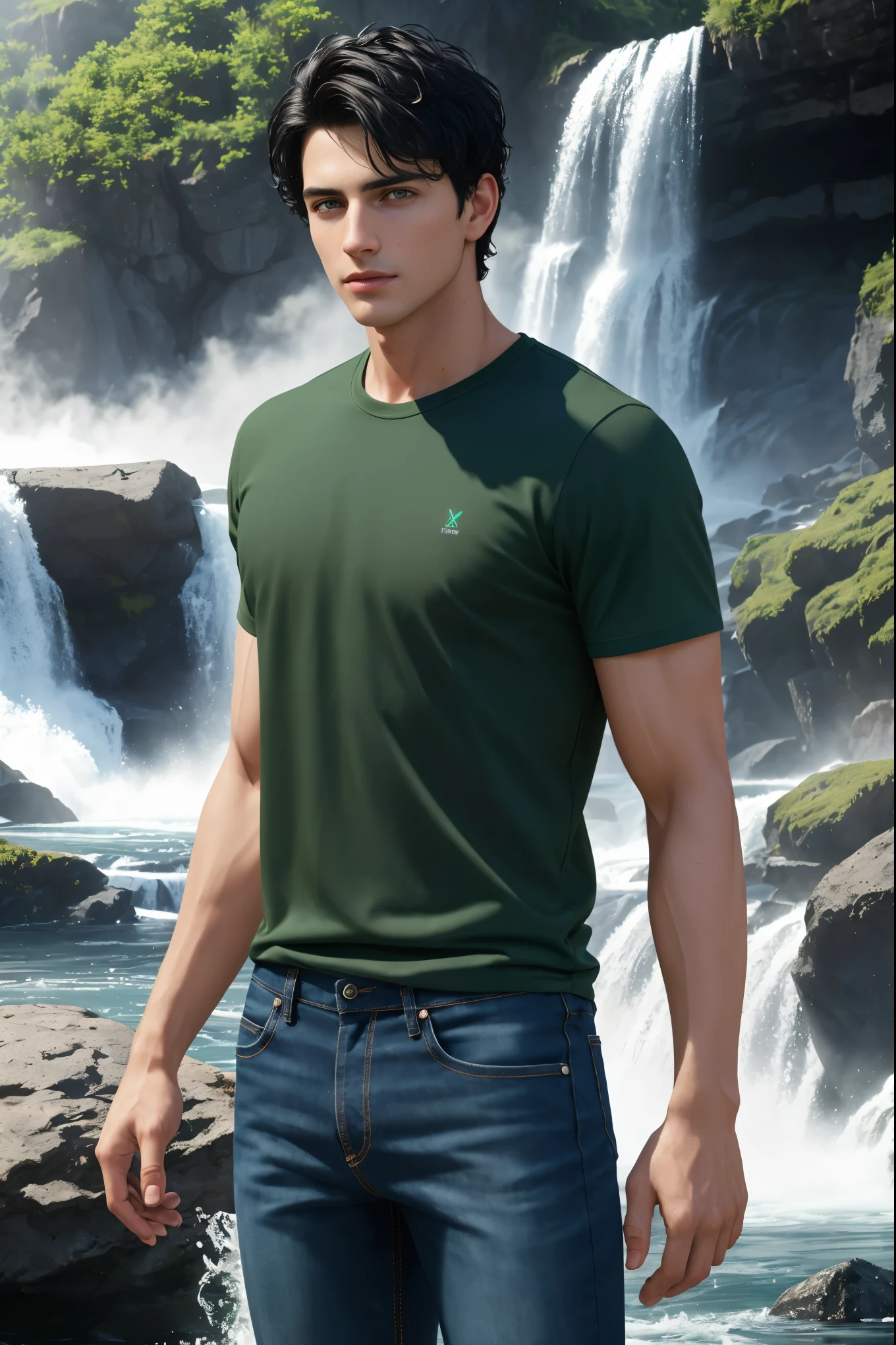 Masterpiece, A boy has short black hair and green eyes, 1boy, AS-Adult, short-haired, black hair, amazing physicality, shirt and jeans, green eyes, wavy-hair, totally-clean-shave symmetrical face. Symmetrical, smooth, clean shave focus, illustration, realistic, artstation, award winning photography, octane render, cinematic lighting from the right, hyper realism, octane render, 8k, depth of field, 3D, backgound mountains and waterfalls