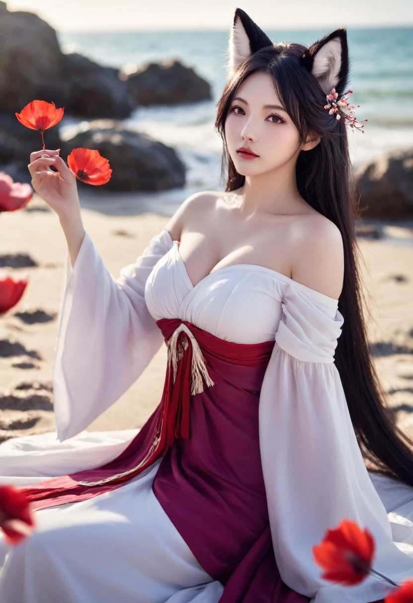 Top of the line CG, highest image quality, masterpiece,8k image quality,  exquisite and delicate beautiful girl, ,ahri(league_of_legends), 1girl, kitsune, kyuubi, deep purple hair,deep purple fox ears, long_hair,brown_eyes ,facial mark, whisker markings,white fox tail,kyuubi, large_breasts, long sleeves, magic, white multiple tails, off shoulder, sharp fingernails,(red_and_white_dress:1.2),,on the beach,surrounding by flowers,falling_petals, petals,,