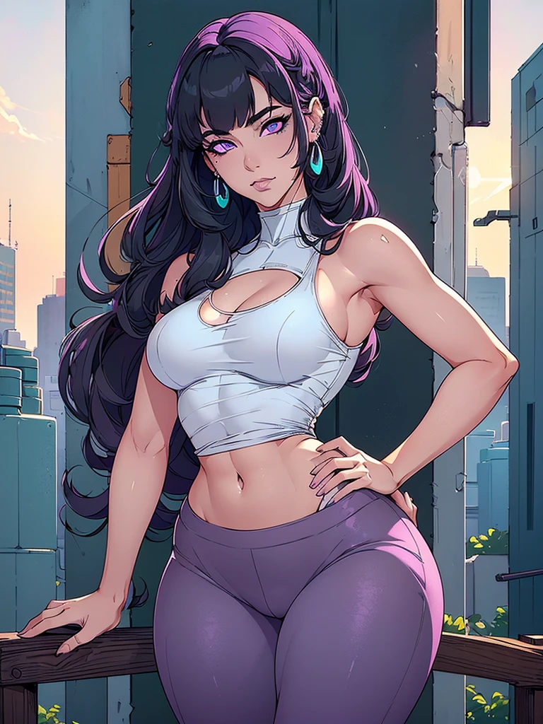 Just one girl,white skin,(glow up),Best quality, 4k, high resolution, body stuck outfits, perfect smile, light skin, ahegao face, purple eyes,(eye's colour is purple(beautiful eyes),detail eyes, realastic eyes,  long hair , long hime-style cut (hair colour is black) ,straight hair, hime cut hair, wearing a tank (tank top is grey colour) and wearing gym leggig ( gym pants)(white colour and two purple lines on it), clothes are stuck in body, bodyfit outfit,1 girl, solo, seductive look, elegance and charm, (masterpiece, best quality, high resolution), looking at the viewer, standing, (intricate and beautiful:1.2), (detailed light:1.2), (soft light, side light), (high resolution textures) , outdoor, white skin girl ,outdoor background, sun light, attractive, sexy, mature and hot, young,(masterpiece:1.3), (disorganized:1.3), (highest quality:1.3), perfect anatomy, detailed face, front view, perfect right hands, looking at viewer, (Super detailed:1.3), (best shadow:0.7), (treated hair), fine eyes, beautiful eyes, young aged woman, alone, standing, crystal earrings,closed_mouth, , outdoors, arrogant face, small ,outfit detail,
Correct outfut details,thick thighs,