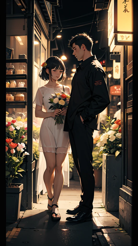 a couple buying flowers from a flower seller, girl wearing short clothes, big hips, night light, realistic, moody color, sharpness