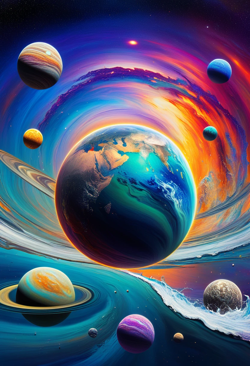 create a colorful multiverse with colorful planets, a molten sea,cosmos,surrealist art, abstract, style of Dali and Edvard Munch, expressionism, some melted images,painting picture