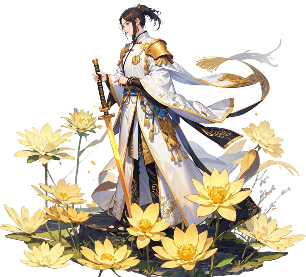 knight,Long-haired man,golden lotus,Chinese style,Ancient costume,Hold a sword in hand