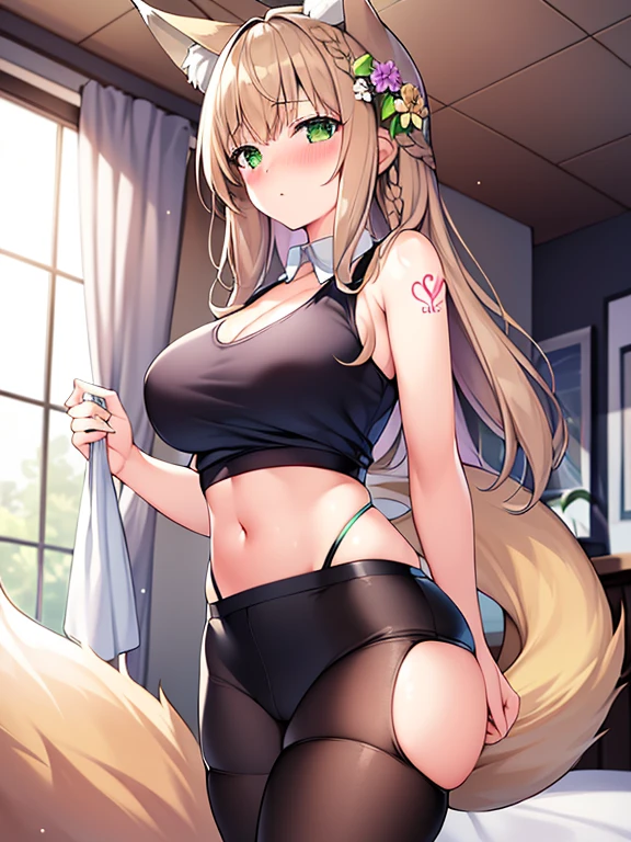 masterpiece, Highest quality, Highest Resolution, One girl, alone, Oversized fox tail,Green Eyes,(Long brown hair_Sideways French braided hair),Small flower head dress, (Age 27,Busty Wife)_Mature female figure_F Cup,modern architecture,(Blushing:1.3),Represents medium , On the stomach_Succubus Tattoo, Mature Woman, sexy sports vest