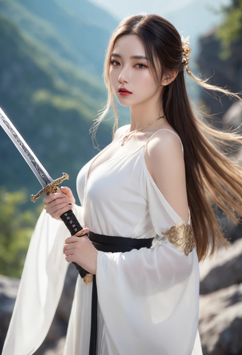 Top of the line CG, highest image quality, masterpiece,8k image quality, exquisite and delicate beautiful girl, ,sword_maiden, long hair,blonde, black_blindfold, white dress, jewelry, necklace, detached sleeves,in the mountain,blur background,background defocus,