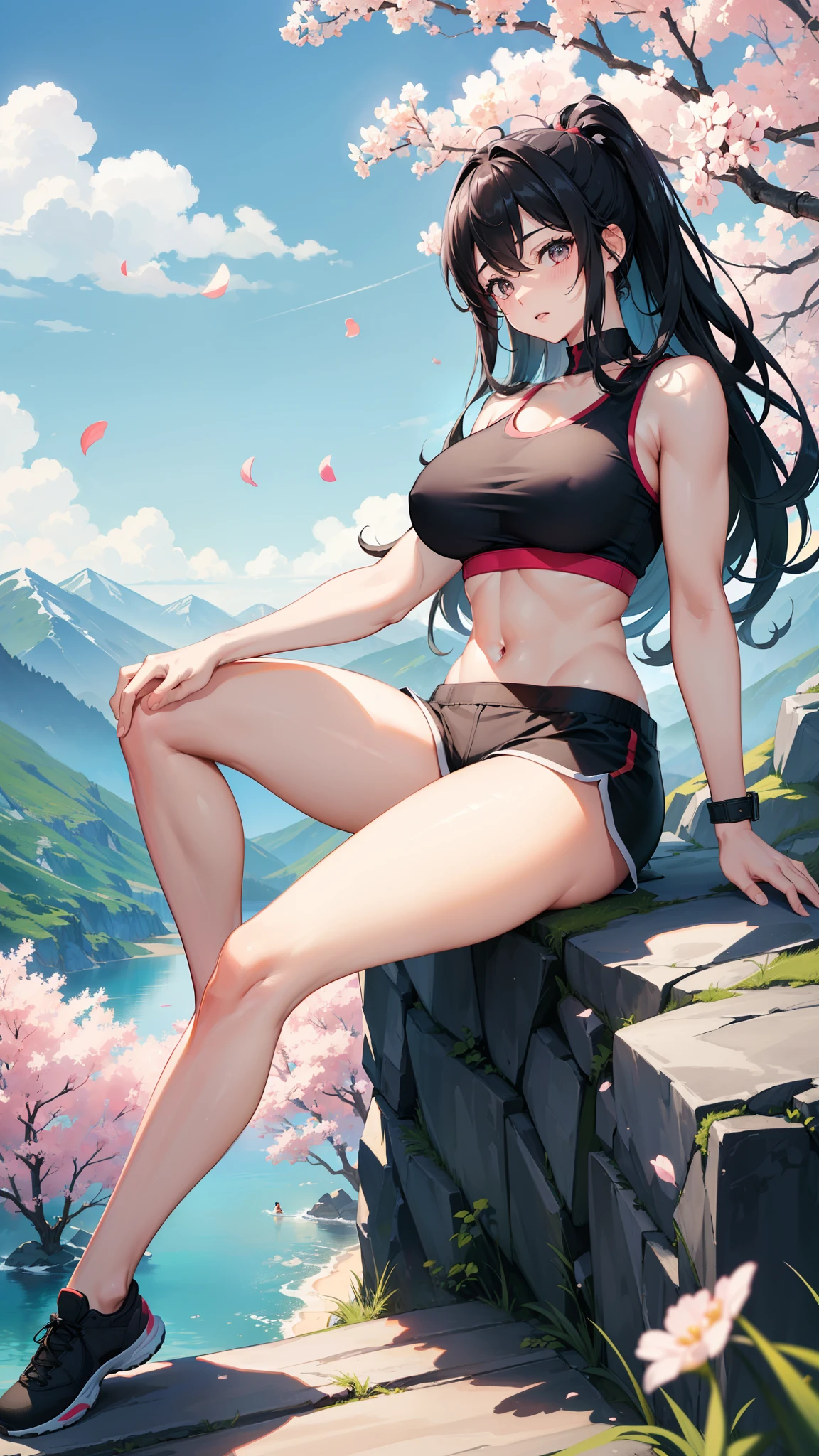 A beautiful girl, sitting on a rock, giving a pose,one leg forward,black shorts,crop top,white top, wearing trekking bag, holding stick,cute pose, looking somewhere,sweaty top,wavy hairs, black long hairs, beautiful eyes,red lips, mountains,from top view, beautiful sceneary,((high quality, 8k resolution, ultra high quality,best image quality,best image clarity)), sports top,large breasts,curvy body,fit body, blushing face,red cheeks,pink petals, beautiful trees, beautiful view,hairs waving through wind,seen from front, muscular arms,watch on left hand, looking for someone 