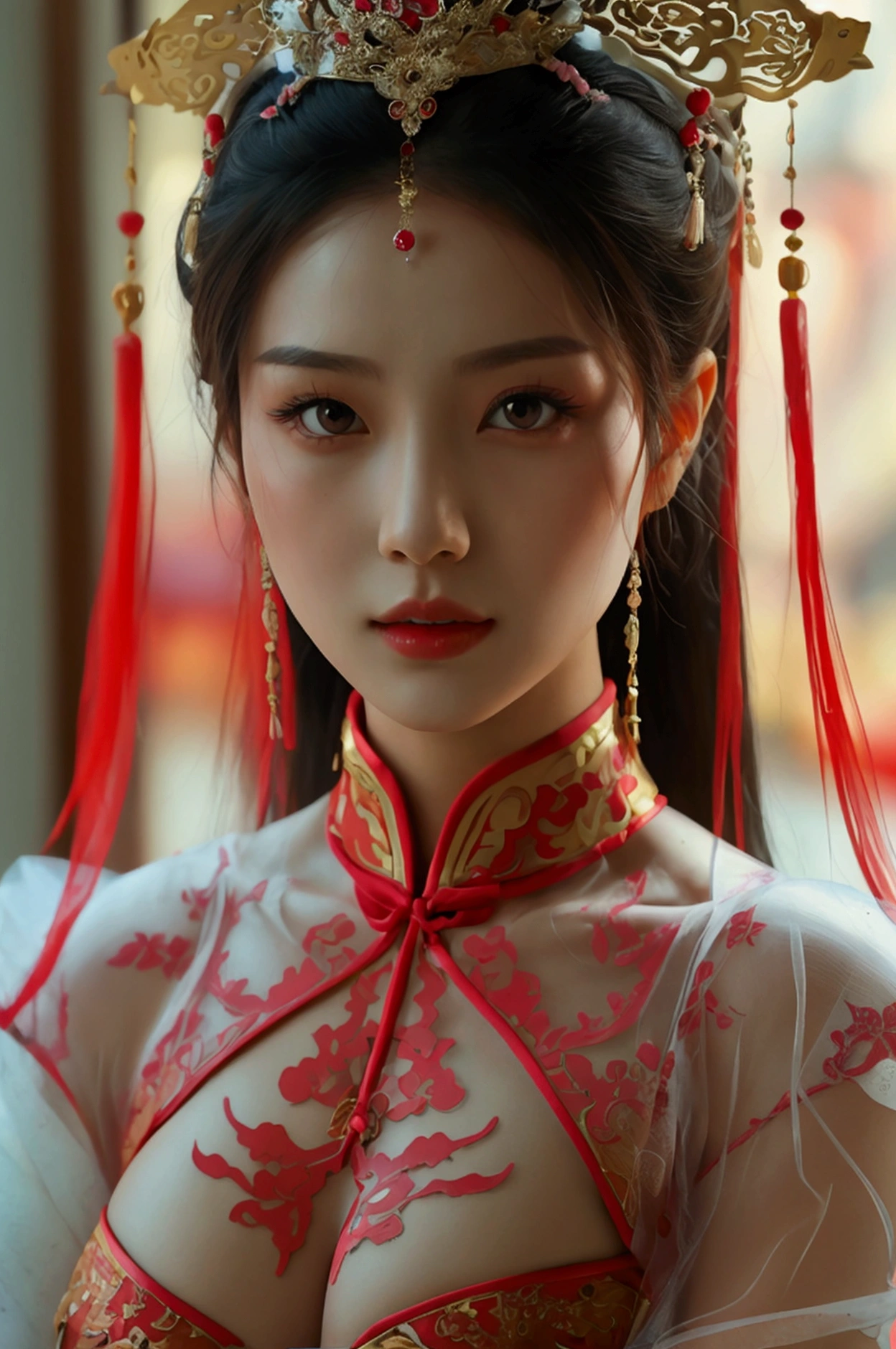 Create an image of a beautiful woman wearing a sexy Chinese princess costume., The see-through fabric is so thin that the wearer's nipples and skin can be seen., She can spread her legs wide to show off her genitals., She has a slim face., sharp eyes, long hair, responsive face, high nose, and thin lips, Her breasts are 32 inches long with pink nipples., Her waist is 24 inches., Her hips are 33 inches., Her skin was bright and white., She has light brown hair., And her figure was slim and slightly muscular..