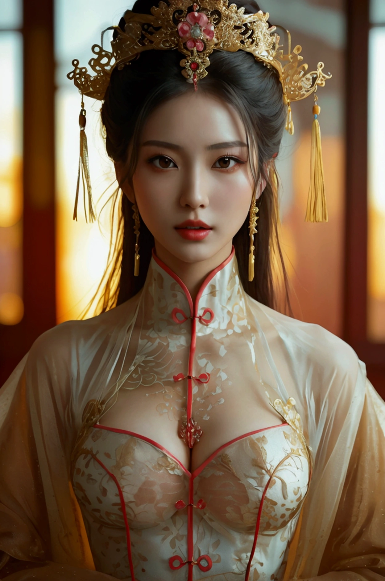 Create an image of a beautiful woman wearing a sexy Chinese princess costume., The see-through fabric is so thin that the wearer's nipples and skin can be seen., She can spread her legs wide to show off her genitals., She has a slim face., sharp eyes, long hair, responsive face, high nose, and thin lips, Her breasts are 32 inches long with pink nipples., Her waist is 24 inches., Her hips are 33 inches., Her skin was bright and white., She has light brown hair., And her figure was slim and slightly muscular..