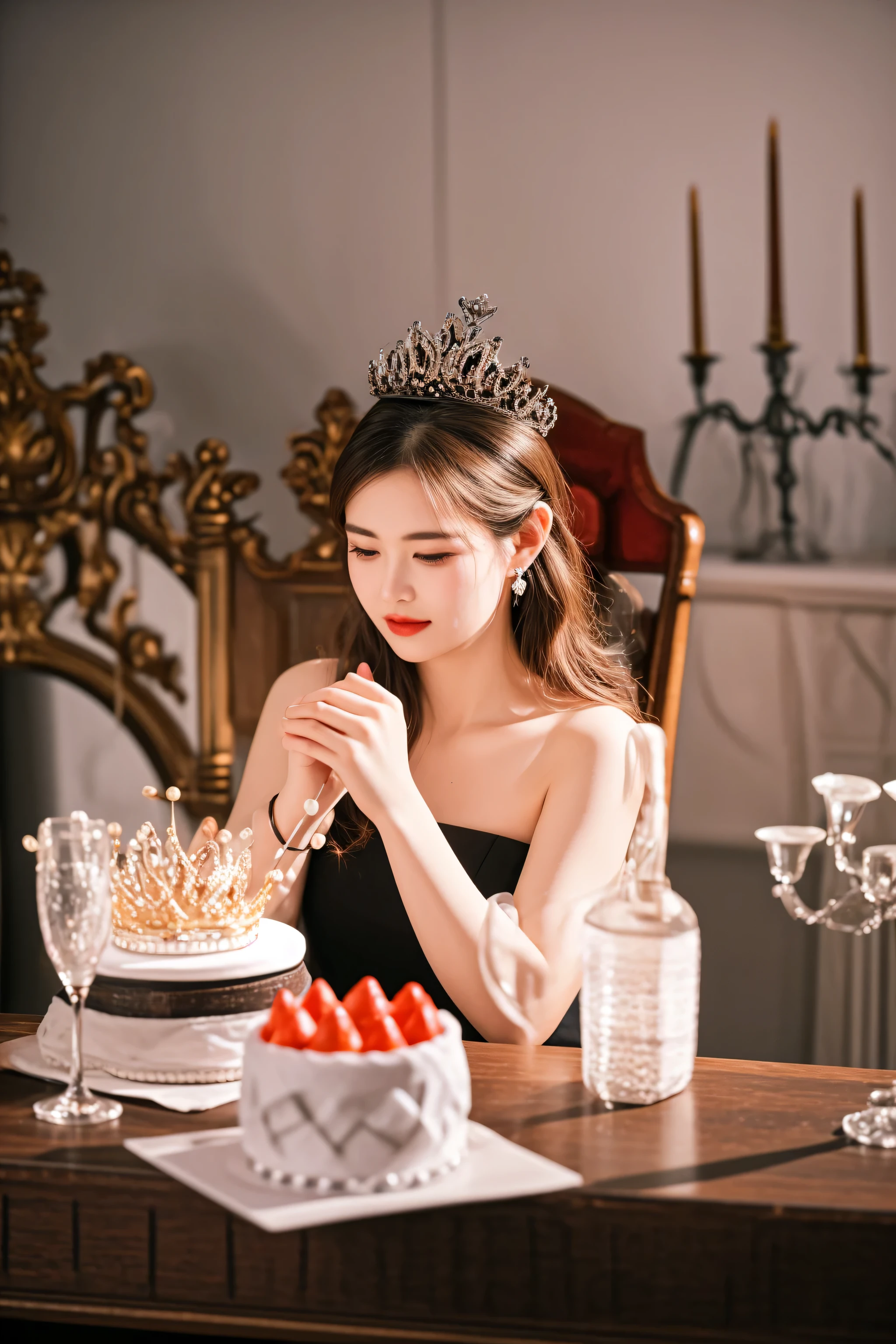 there is a woman sitting at a table eating a meal, with crown, wearing crown, wearing a diamond crown, shot with canon eoa 6 d mark ii, wearing tiara, shot on canon eos r5, shot on canon eos r 5, princess at a royal banquet, royal elegant pose, with a crown, taken with canon eos 5 d mark iv