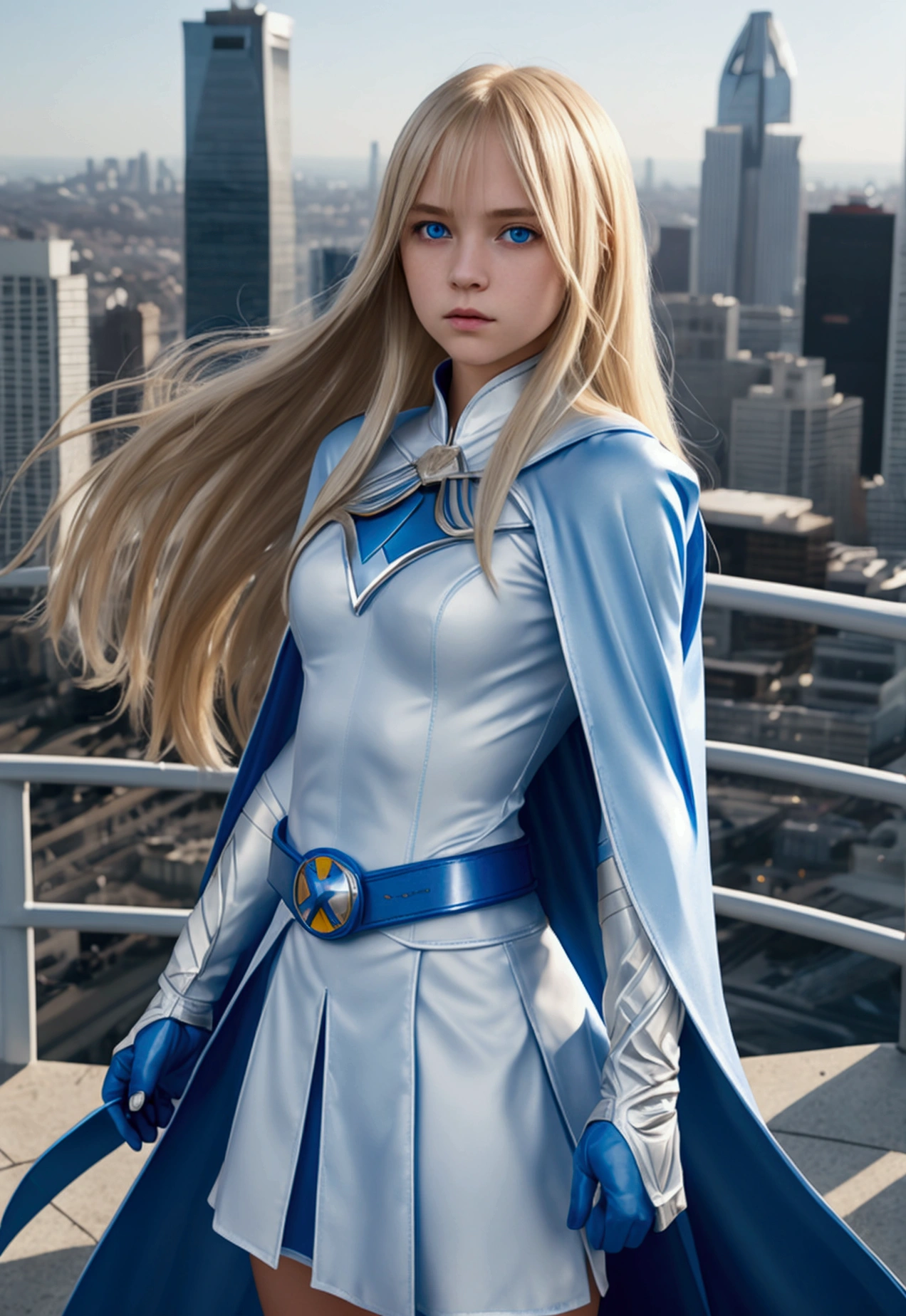 young girl with long straight blonde hair with a bang, blue eyes, white superhero costume, blue gloves, light blue cape and skirt, long sleeves, light blue belt, city background

