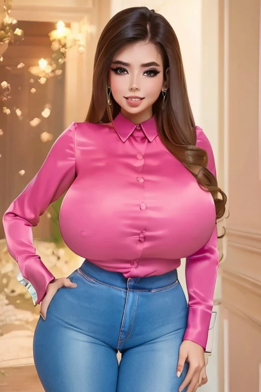 (best quality), (masterpiece), 1 girl, early 20's, huge heavy breasts, busty, massive breasts, thick, thick lips, wide hips, thin waist, s1lksh1rt, long sleeves, pink shirt, silk shirt, shirt tucked in, high-waisted pants,