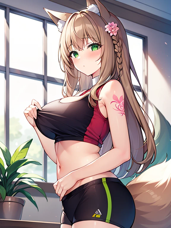 masterpiece, Highest quality, Highest Resolution, One girl, alone, Oversized fox tail，Green Eyes，(Long brown hair_Sideways French braided hair)，Small flower head dress, (Age 27，Busty Wife)_Mature female figure_F Cup，modern architecture，(Blushing:1.3),Represents medium , On the stomach_Succubus Tattoo, Mature Woman, sexy sports vest