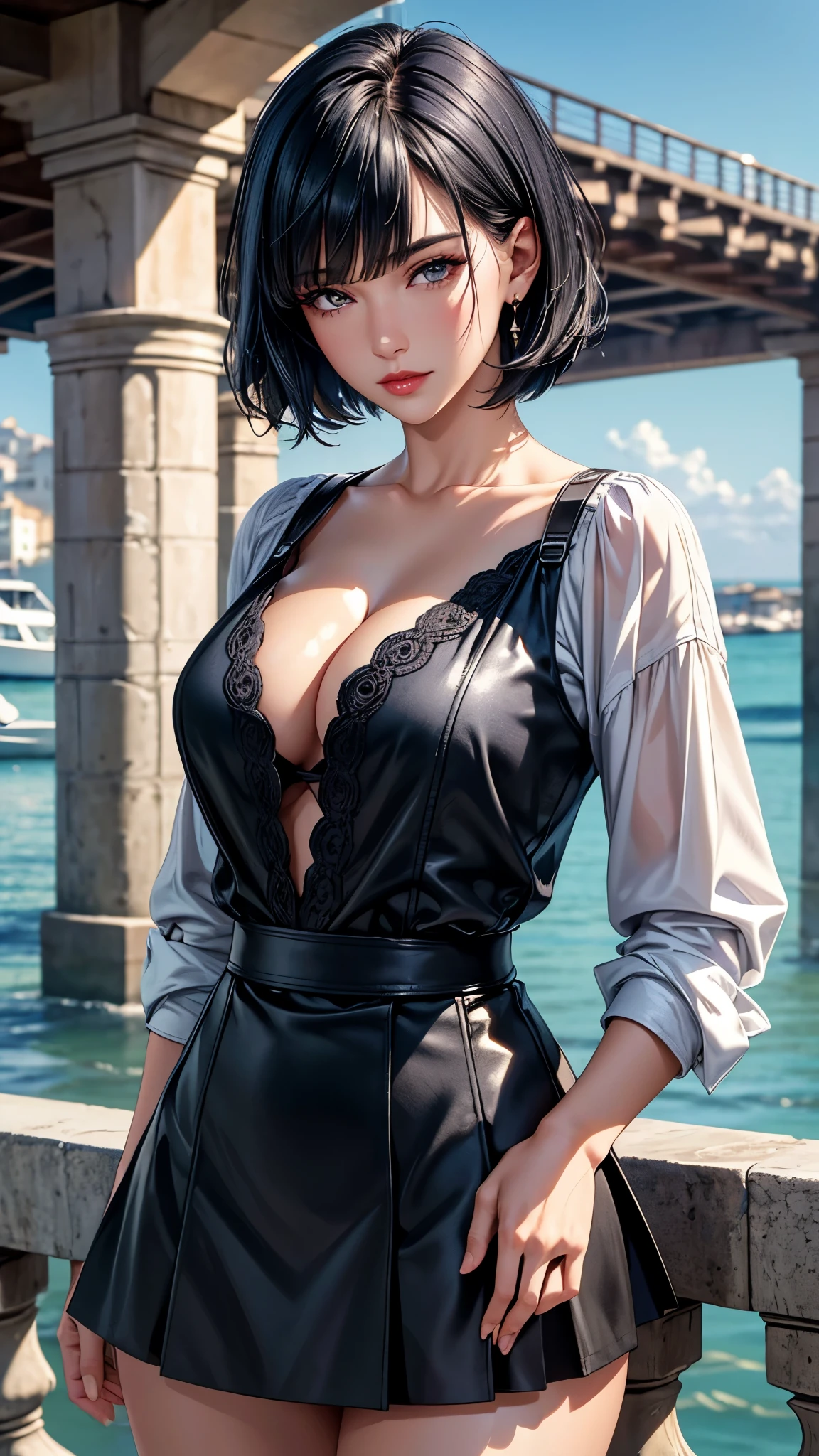 (best quality, 8K, masterpiece:1.3), pretty Woman, 1 girl, beautiful face, (Sexy), Dark blue hair, blunt bangs short hair, stylish skirt, Ultra-detailed face, Detailed lips, super detailed eyes, double eyelids, long upper eyelashes, Soft skin, HD skin, Mediterranean, Vacation Homes, pier, seaside, Water Street, 8k, Super detailed, best quality detail, retina, Ultra-high resolution, masterpiece, ccurate