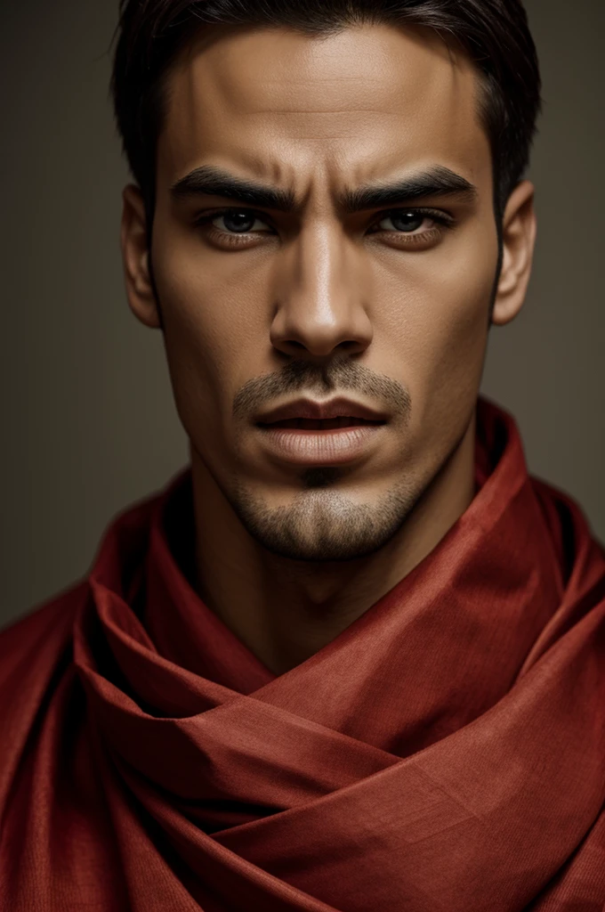 A male character with his eyes and mouth tied with red cloth.