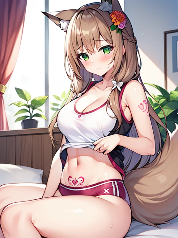 masterpiece, Highest quality, Highest Resolution, One girl, alone, Oversized fox tail，Green Eyes，(Long brown hair_Sideways French braided hair)，Small flower head dress, (Age 27，Busty Wife)_Mature female figure_F Cup，modern architecture，(Blushing:1.3),Represents medium , On the stomach_Succubus Tattoo, Mature Woman, sexy sports vest