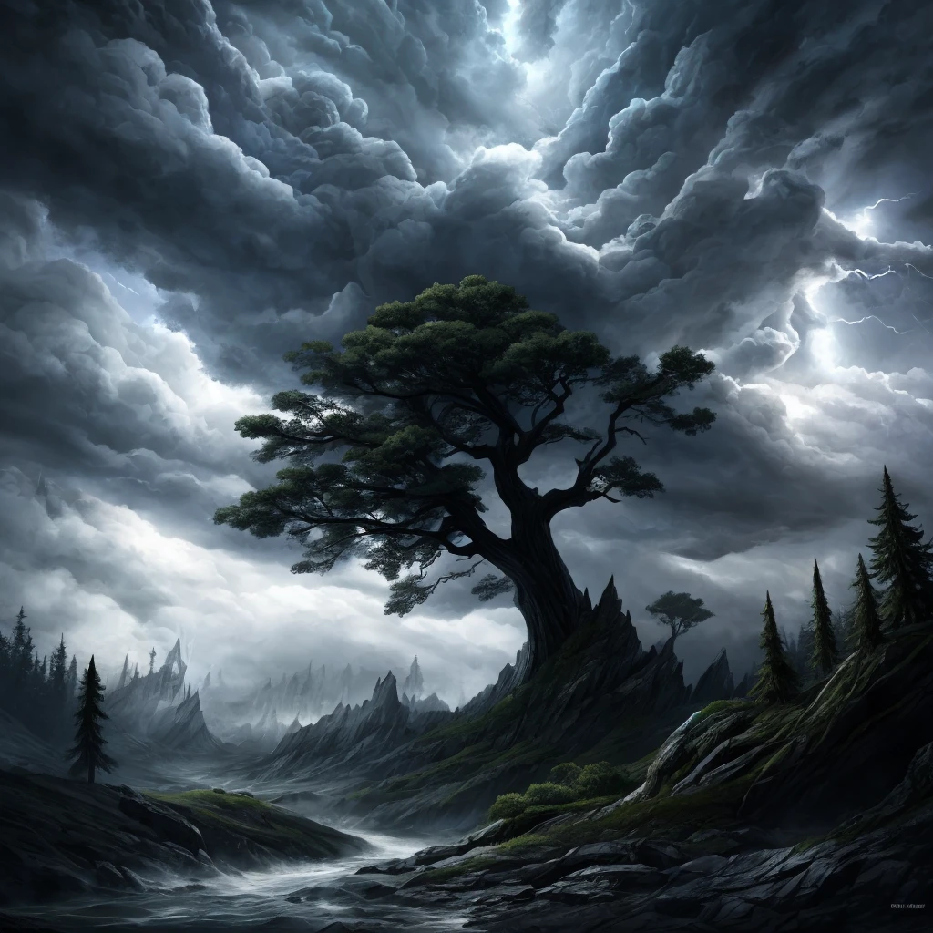 A tree-shaped man in a long white robe, an elderly character with a wise expression, talking to the wind and a raging storm, dramatic lighting, fantasy, cinematic, highly detailed, intricate, 8k, photorealistic, dramatic shadows, moody atmosphere, striking colors, volumetric lighting, wind effects, stormy skies, mystical, ethereal, surreal, conceptual, award winning digital art
majestic big green tree