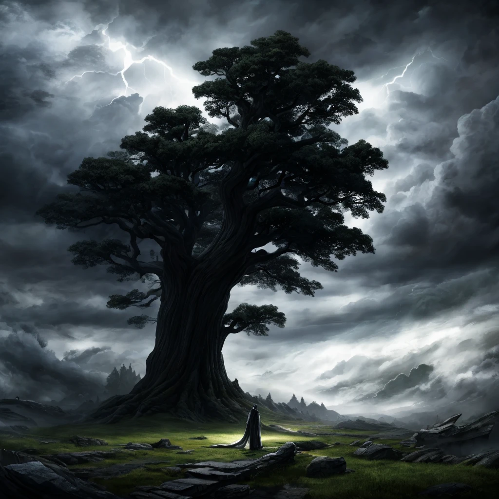 A tree-shaped man in a long white robe, an elderly character with a wise expression, talking to the wind and a raging storm, dramatic lighting, fantasy, cinematic, highly detailed, intricate, 8k, photorealistic, dramatic shadows, moody atmosphere, striking colors, volumetric lighting, wind effects, stormy skies, mystical, ethereal, surreal, conceptual, award winning digital art
majestic big green tree