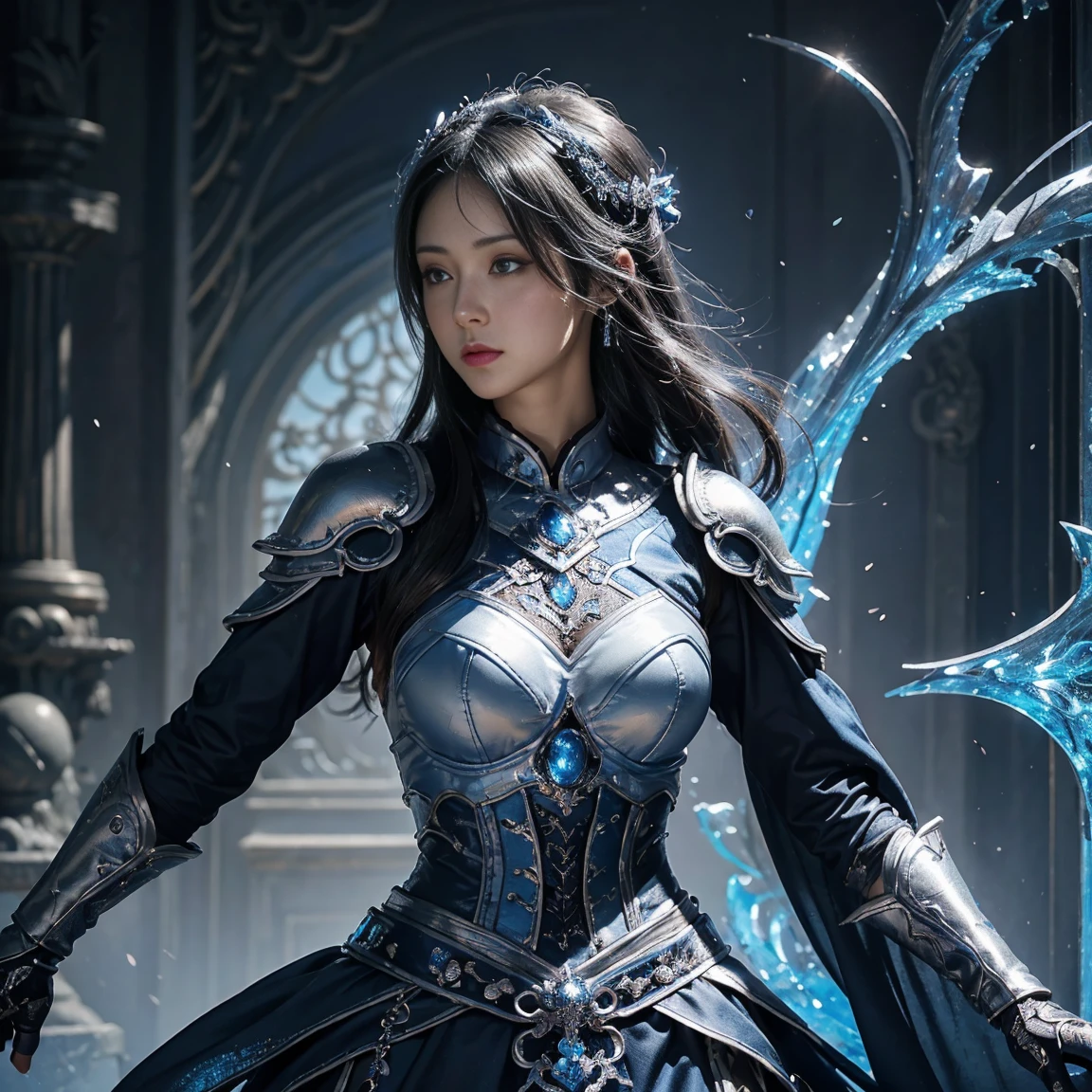 Close-up of woman in silver and blue dress, Chengwei Pan at Art Station, Jan J, Detailed fantasy art, Amazing character art, Fan Art Best Art Station, Magnificent and elaborate character art, Beautiful Armor, Highly detailed art gems, Detailed digital anime art, Art Station pixiv&#39;s artgerm, Girl in Armor, (((Boxing gloves)))