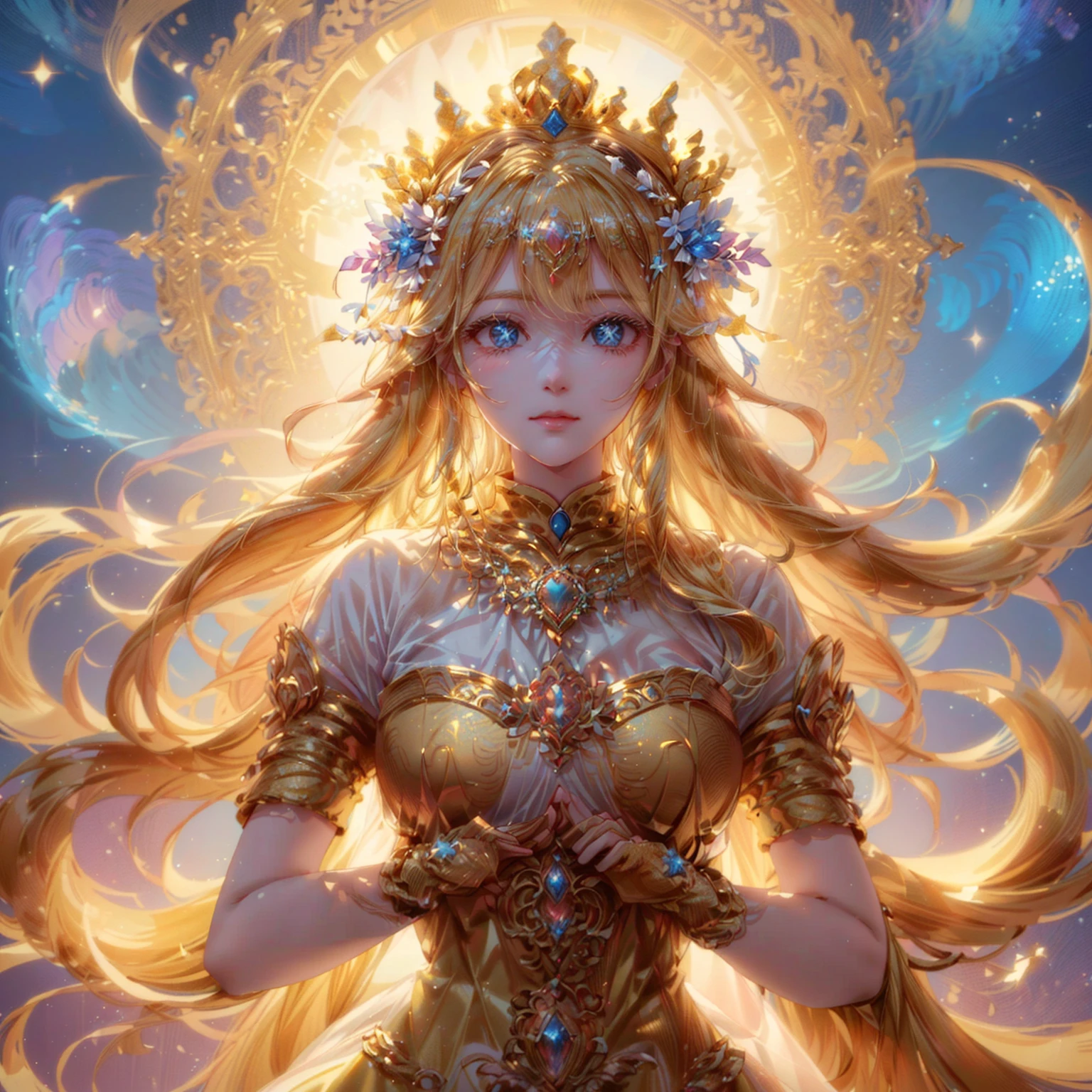 A woman with long blonde hair and a crown on her head, goddess. Very high detail, a stunning portrait of a goddess, portrait of a beautiful goddess, gorgeous goddess of leo, goddess portrait, goddess art, Carol is behind. Uh.., celestial goddess, goddess of light, Alphonse Muya and Rossdraws, Carole Bak and Peter Mohbacher