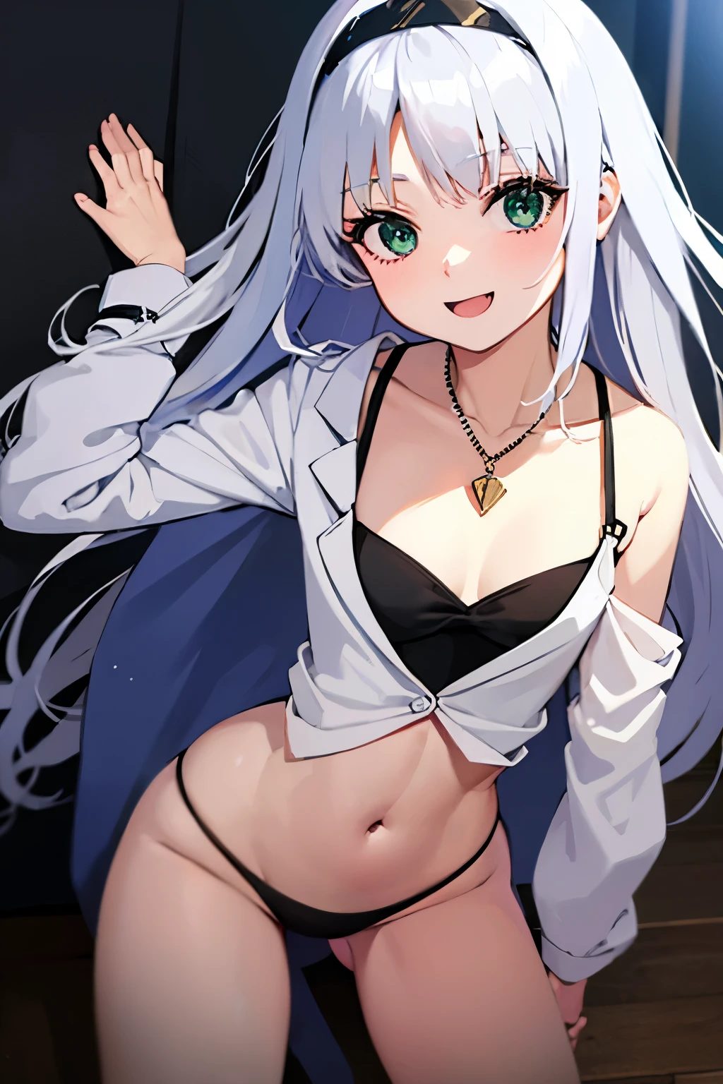 Long silver hair, green eyes, headband, necklace, lab coat, flat chest, black bikini, beautiful thighs, smile, happy, inside house