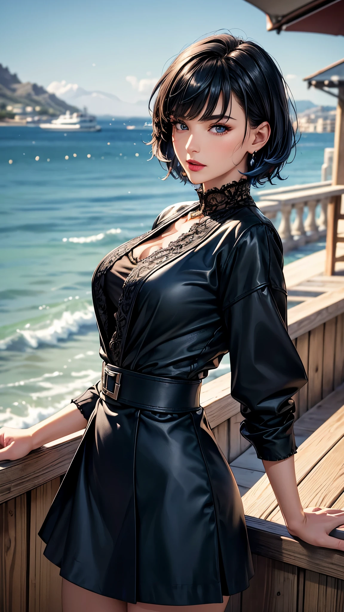 (best quality, 8K, masterpiece:1.3), pretty Woman, 1 girl, beautiful face, (Sexy), Dark blue hair, blunt bangs short hair, stylish skirt, Ultra-detailed face, Detailed lips, super detailed eyes, double eyelids, long upper eyelashes, Soft skin, HD skin, Mediterranean, Vacation Homes, pier, seaside, Water Street, 8k, Super detailed, best quality detail, retina, Ultra-high resolution, masterpiece, ccurate