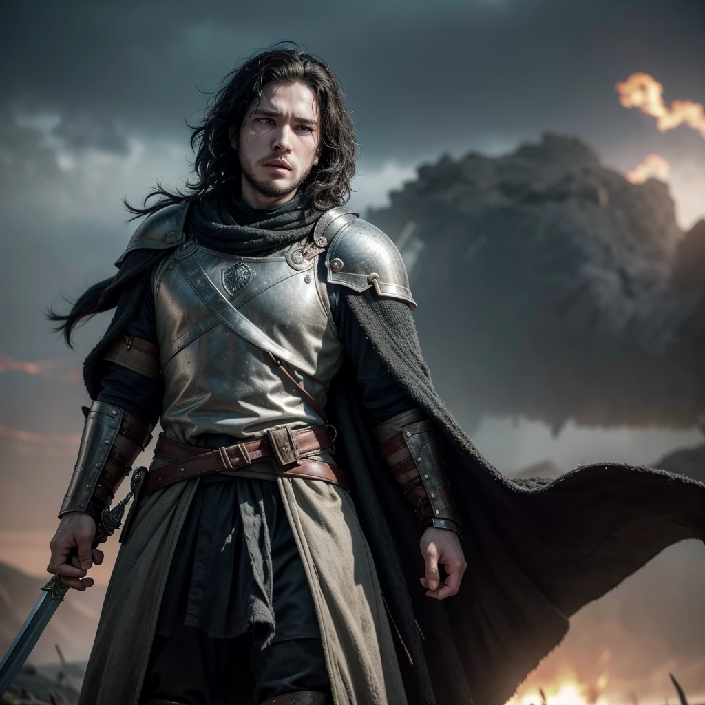On the battlefield, amidst the swirling chaos of clashing armies and billowing banners, Jon Snow stands resolute in attire stripped of any sigil or noble crest. His armor, weathered and patched, speaks of countless skirmishes and hard-won battles. A simple sword, its blade reflecting the harsh glare of the sun, hangs at his side, a stark contrast to the ornate weaponry of highborn knights.
Jon's expression is one of focused determination, his brow furrowed with the weight of command and the responsibility of leading men into the fray. His dark, tousled hair is wind-tossed, strands clinging to a sweat-beaded forehead, as stormy grey eyes scan the battlefield with unwavering intensity.
Around him, the air is thick with the din of combat—the clash of swords, the shouts of men, and the thunderous impact of hooves against earth. Yet amidst the chaos, Jon remains a steady anchor, a beacon of leadership and unwavering resolve amidst the shifting tides of war.
Each step forward is deliberate, each swing of his sword a calculated strike against the forces that threaten his people and his homeland. The grime of battle coats his armor, mingling with the sweat of exertion and the dirt of the battlefield, yet he presses on with unyielding determination.
In this moment, Jon Snow embodies the essence of a warrior stripped of titles and honors, his actions driven by duty and a deep-seated commitment to protect those who cannot protect themselves. Amidst the tumult of war, his presence commands respect and inspires courage in those who fight alongside him, forging a legacy that transcends lineage and heralds the resilience of the human spirit in the face of adversity.