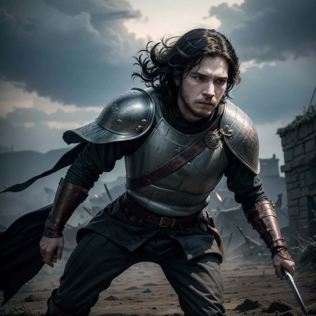 On the battlefield, amidst the swirling chaos of clashing armies and billowing banners, Jon Snow stands resolute in attire stripped of any sigil or noble crest. His armor, weathered and patched, speaks of countless skirmishes and hard-won battles. A simple sword, its blade reflecting the harsh glare of the sun, hangs at his side, a stark contrast to the ornate weaponry of highborn knights.
Jon's expression is one of focused determination, his brow furrowed with the weight of command and the responsibility of leading men into the fray. His dark, tousled hair is wind-tossed, strands clinging to a sweat-beaded forehead, as stormy grey eyes scan the battlefield with unwavering intensity.
Around him, the air is thick with the din of combat—the clash of swords, the shouts of men, and the thunderous impact of hooves against earth. Yet amidst the chaos, Jon remains a steady anchor, a beacon of leadership and unwavering resolve amidst the shifting tides of war.
Each step forward is deliberate, each swing of his sword a calculated strike against the forces that threaten his people and his homeland. The grime of battle coats his armor, mingling with the sweat of exertion and the dirt of the battlefield, yet he presses on with unyielding determination.
In this moment, Jon Snow embodies the essence of a warrior stripped of titles and honors, his actions driven by duty and a deep-seated commitment to protect those who cannot protect themselves. Amidst the tumult of war, his presence commands respect and inspires courage in those who fight alongside him, forging a legacy that transcends lineage and heralds the resilience of the human spirit in the face of adversity.