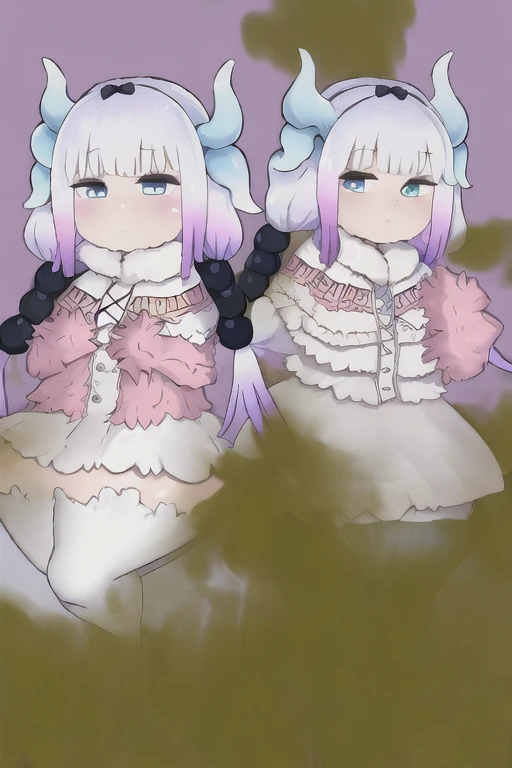 imkanna, dress, capelet, dragon horns, low twintails, white thighhighs, farting, holding nose, 2 girls,