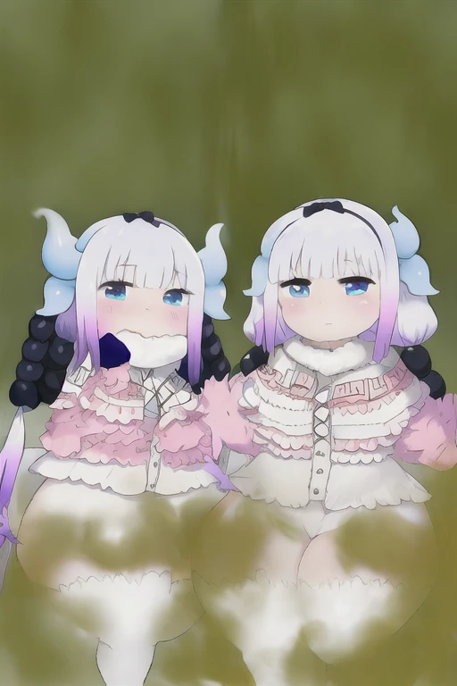 imkanna, dress, capelet, dragon horns, low twintails, white thighhighs, farting, holding nose, 2 girls,