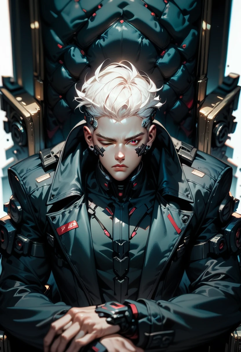 (score_9, score_8_up, score_7_up), zPDXL, 1 man, alone, facing forward, iron chair, black throne, black suit, black stripe on face, one eye closed, arms on sides, white hair, disheveled, cyberpunk, serious and thoughtful face, intimidating, simple background, white background with cables falling down, adult male, looking at the ground, dark aura, (black line on face), (arms resting on throne)
