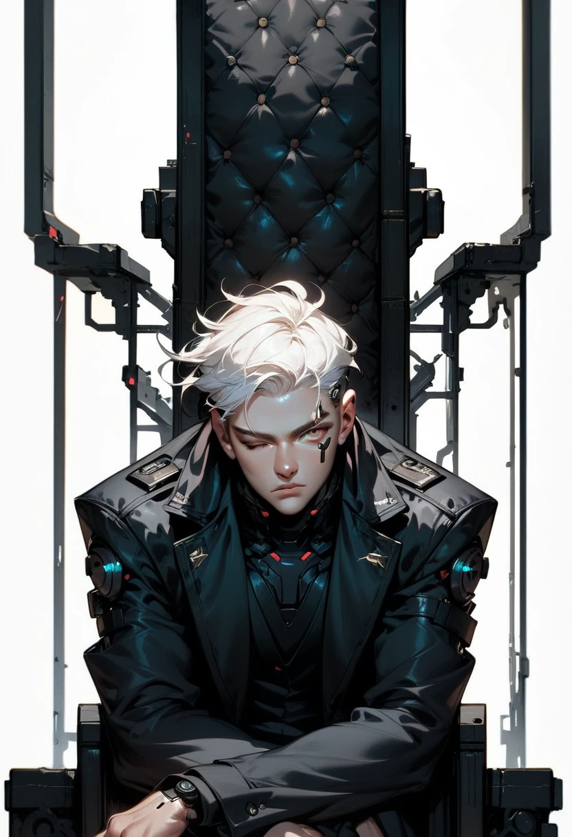 (score_9, score_8_up, score_7_up), zPDXL, 1 man, alone, facing forward, iron chair, black throne, black suit, black stripe on face, one eye closed, arms on sides, white hair, disheveled, cyberpunk, serious and thoughtful face, intimidating, simple background, white background with cables falling down, adult male, looking at the ground, dark aura, (black line on face), (arms resting on throne)