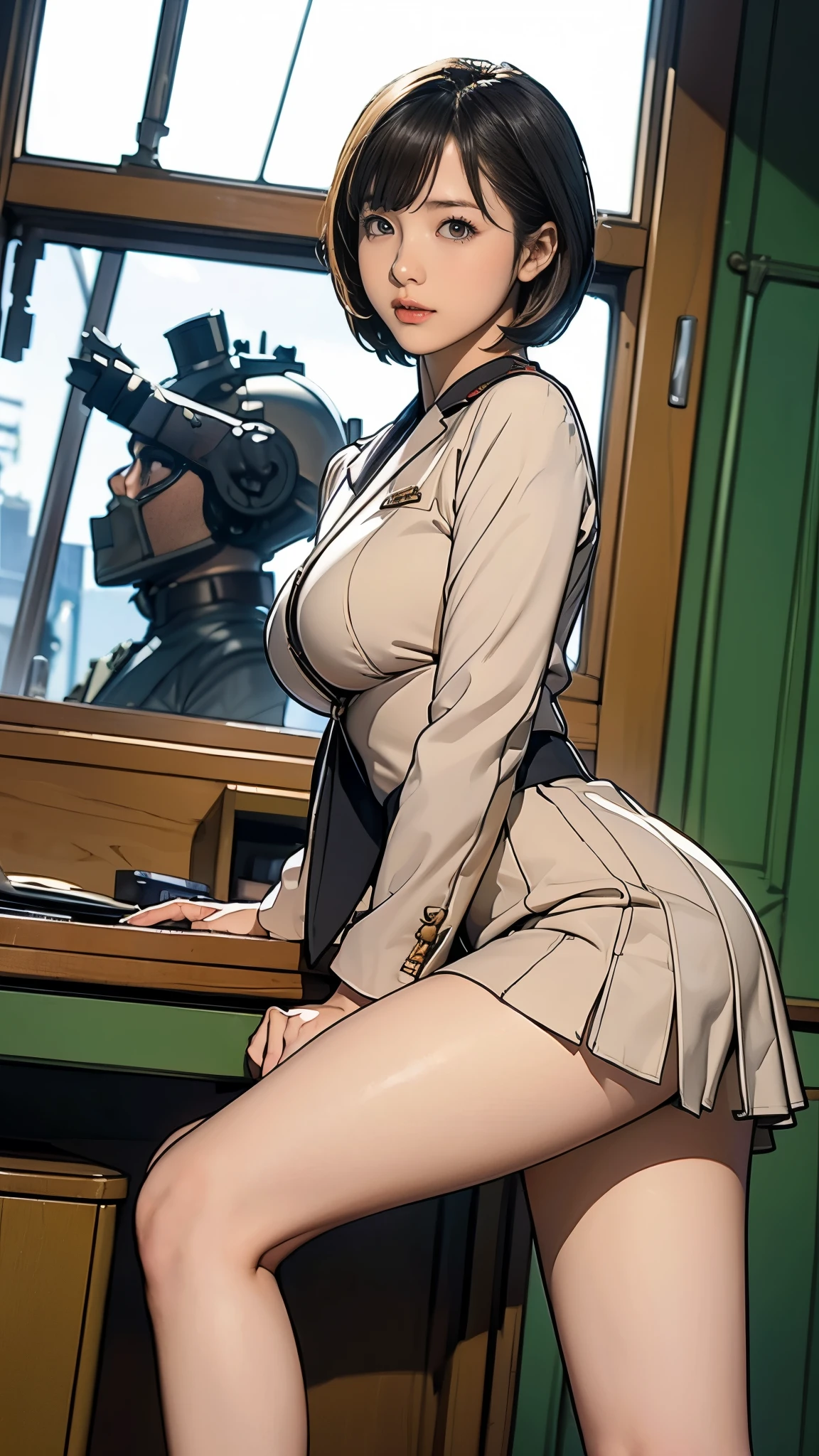 10-year-old girl、Earth Federation Operator Girl Soldier、Black short hair、Large Breasts、Idol-level cuteness、Childish face and appearance、Operator intercom mounted on head、Accurately drawn faces、thin、健康的なKnee-lengthスカート風の地球連邦軍制服、Knee-length、Inside the bridge of a battleship、Low angle shot、Anatomically correct、Accurate Fingers、Accurate Rimbuster Piece、Photorealization