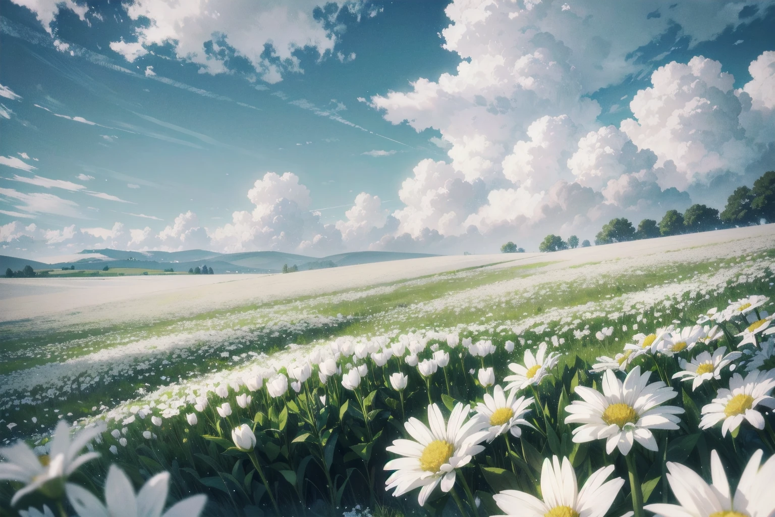 there is a field of white flowers with a gray sky in the background, a lot of white, cloudy sky, many white flowers flower field background, grey clouds, Fluffy fields in the background, field of flowers, in high resolution field