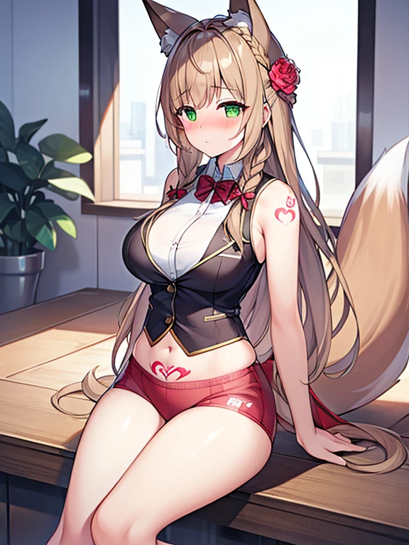 masterpiece, Highest quality, Highest Resolution, One girl, alone, Oversized fox tail,Green Eyes,(Long brown hair_Sideways French braided hair),Small flower head dress, (Age 27,Busty Wife)_Mature female figure_F Cup,modern architecture,(Blushing:1.3),Represents medium , On the stomach_Succubus Tattoo, Mature Woman, sexy sports vest