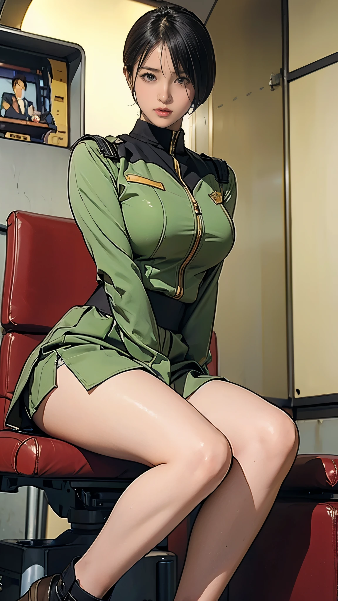 -yeld giEarth Federation Operator Girl Soldier、Black short hair、Large Breasts、Idol-level cuteness、Childish face and appearance、Operator intercom mounted on head、Accurately drawn faces、thin、健康的なKnee-lengthスカート風の地球連邦軍制服、Knee-length、Inside the bridge of a battleship、Low angle shot、Anatomically correct、Accurate Fingers、Accurate Rimbuster Piece、Photorealization