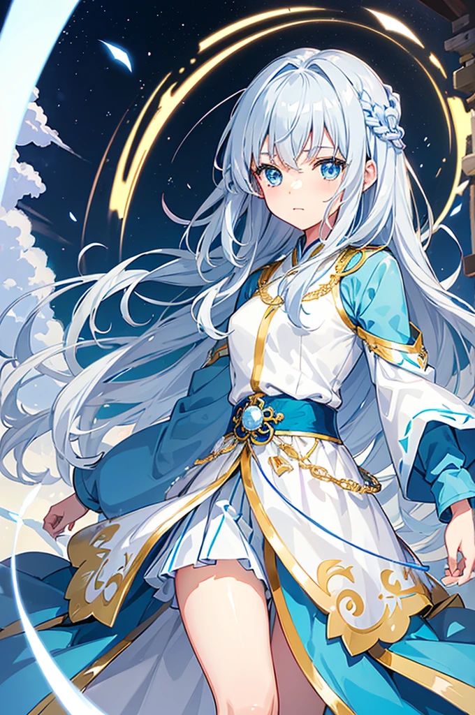 ((High Quality, Shounen Style, Isekai Style)), a fair-skinned girl with light blue eyes and medium-length silver curly hair. She wears a white and blue outfit based on traditional oriental clothing with magical blue details on the outfit. She has a gentle aura and is standing in front of a white oriental temple.