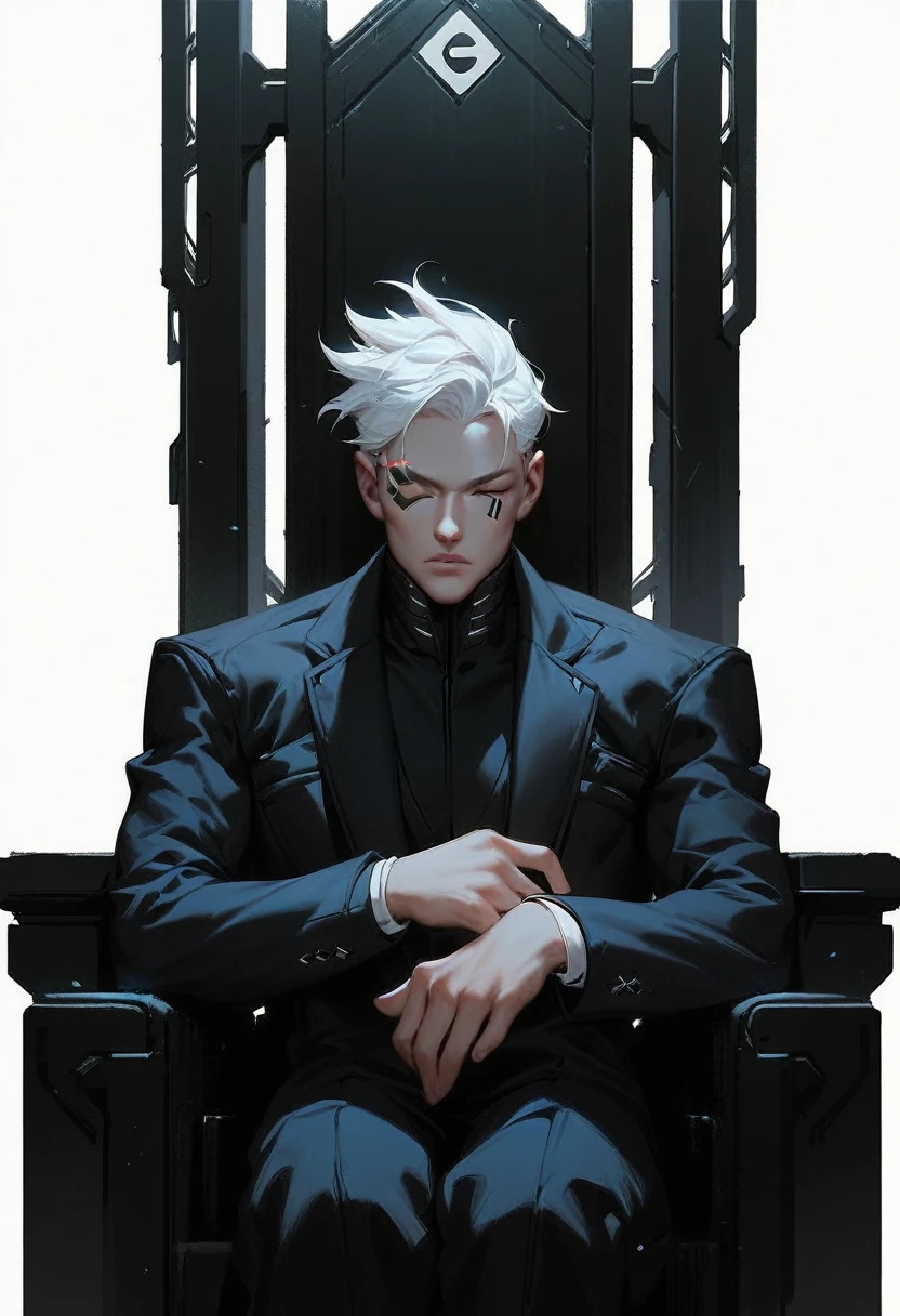 (score_9, score_8_up, score_7_up), zPDXL, 1 man, alone, facing forward, iron chair, black throne, black suit, black stripe on face, one eye closed, arms on sides, white hair, disheveled, cyberpunk, serious and thoughtful face, intimidating, simple background, white background with cables falling down, adult male, looking at the ground, dark aura, (black line on face), (arms resting on throne)
